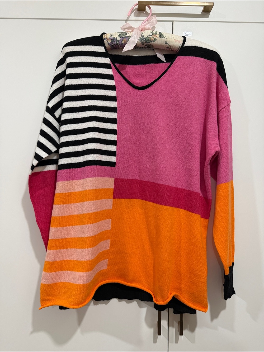 Colorblock Pink & Orange Striped Women's Pullover Sweatshirt